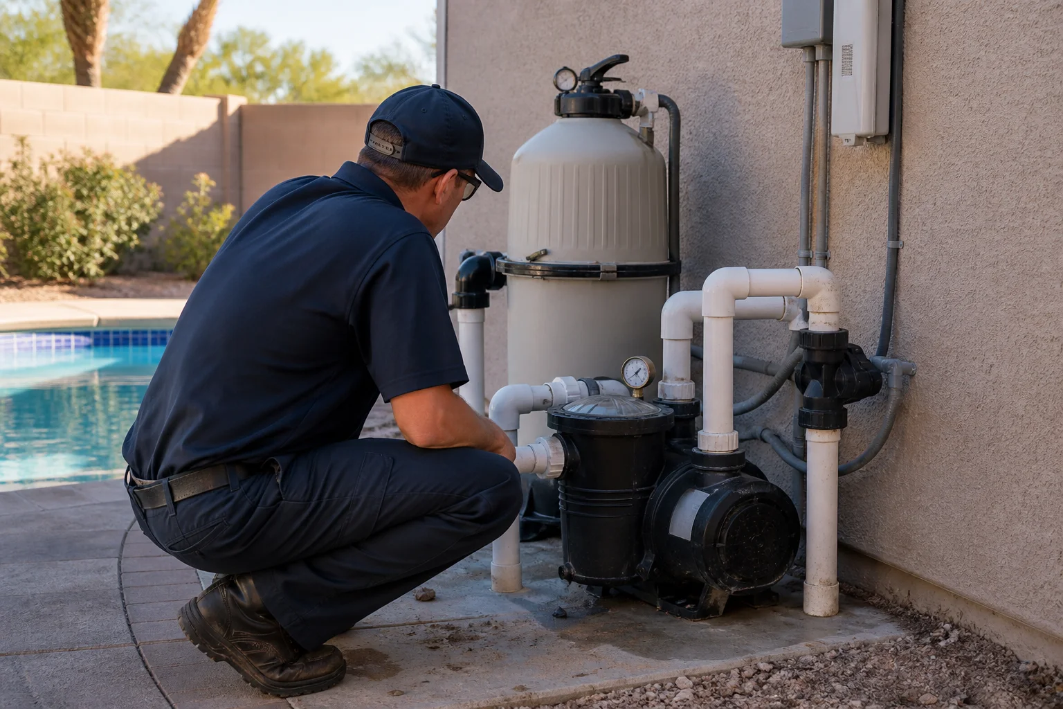 Pool-care technician visually checking a residential pump and filter