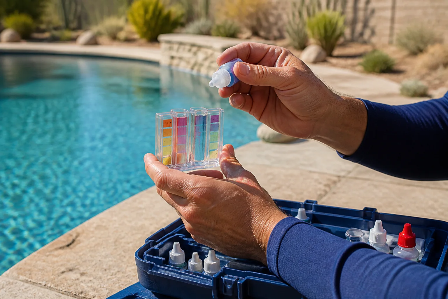 Hands using a residential pool-water test kit